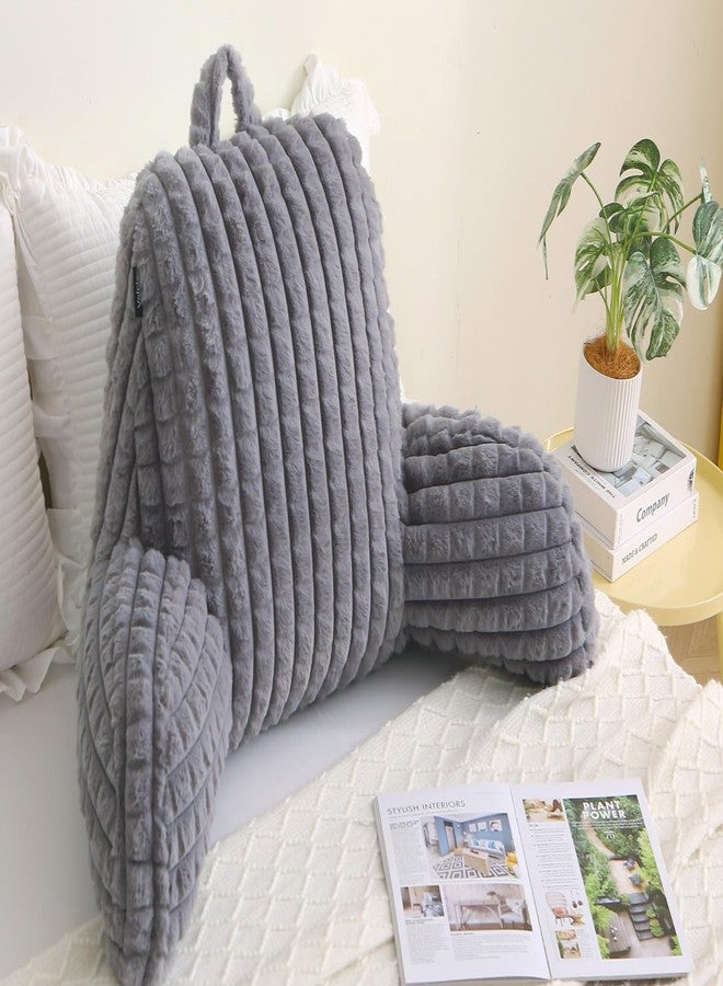 Volple Faux Rabbit Fur Reading Pillow with Arms,Removable Cover, Adjustable Shredded Foam Filling,Bed Rest Back Pillow for Reading,Watching TV,Gaming-Grey - Image 1