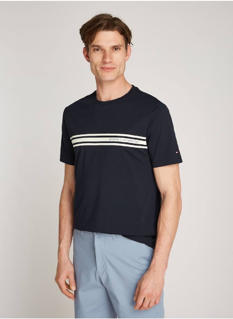 TOMMY HILFIGER - Men's Central Chest Striped T-shirt - Cotton, Blue - Image 1
