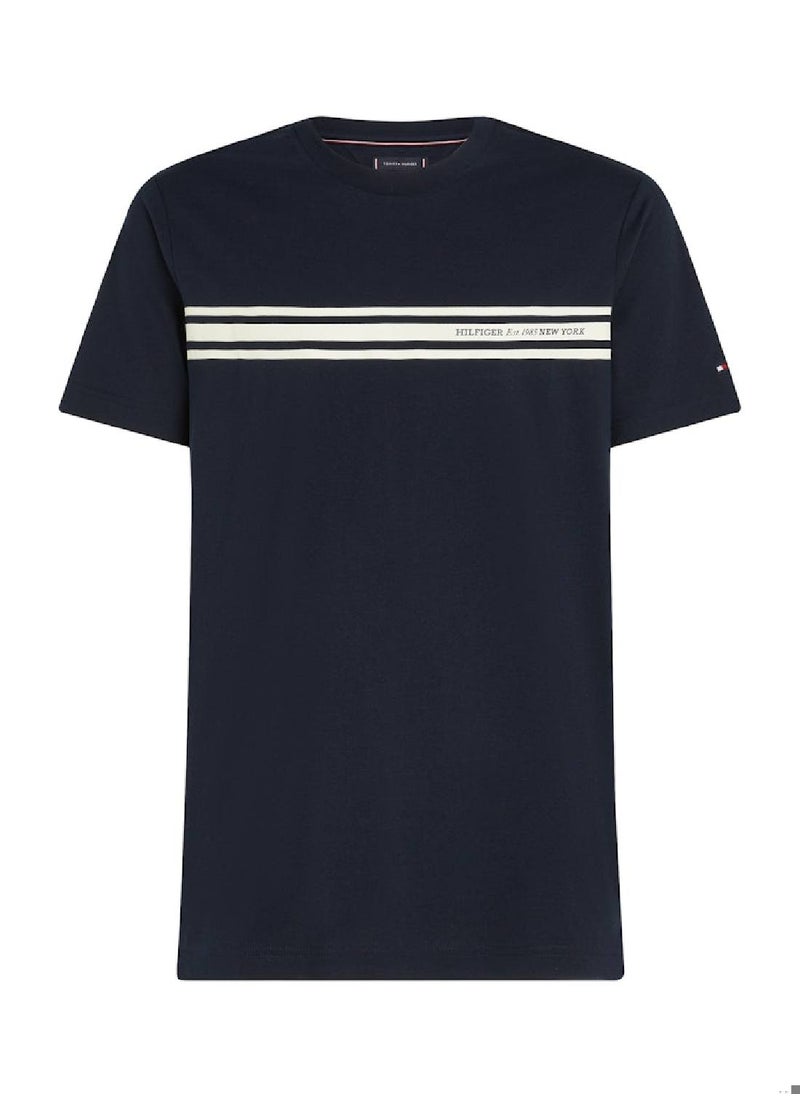 TOMMY HILFIGER - Men's Central Chest Striped T-shirt - Cotton, Blue - Image 1