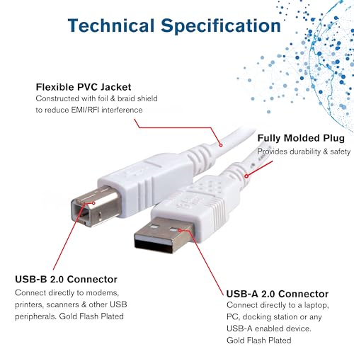 C2G USB Cable, USB 2.0 Cable, USB A to B Cable, 3.28 Feet (1 Meter), White, Cables to Go 13171 - Image 3