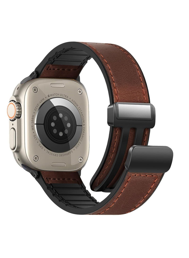 DUSALA Premium Magnetic Leather Watch Band for Apple Watch Ultra and Series 49mm 45mm 44mm 42mm, Stylish Brown Genuine Leather Strap with Magnetic Buckle - Image 1