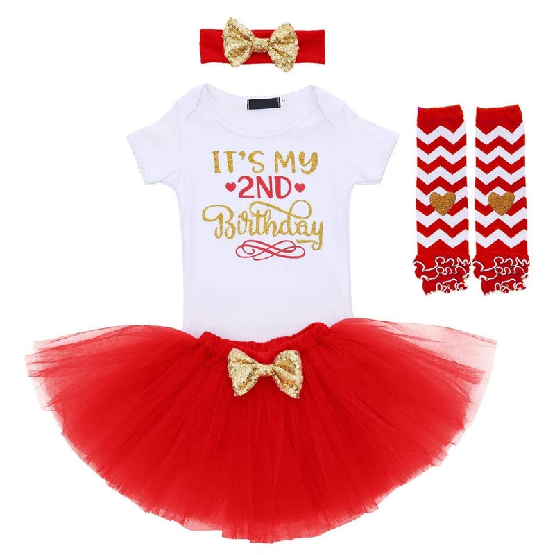 OBEEII Second Birthday Outfits for Girls Short Sleeve Jumpsuit Tutu Skirt Headband Leg Warmers Cotton Soft Clothes Set Red 2nd Birthday 2T
