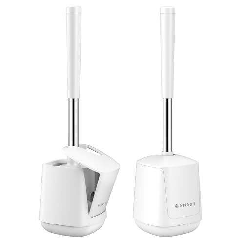 SetSail Toilet Brush 2 Pack Self Closing Lid Toilet Bowl Brushes Holder and Extra Long Handle Ventilated Toilet Brush Set for Bathroom Cleaning Nylon Bristles Pure White - Image 1