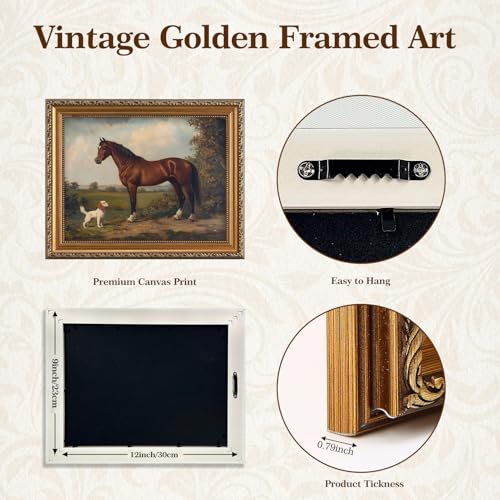 ASTRDECOR Gold Framed Retro Wall Art for Home Decor, Classic Horse & Dog Canvas Artwork, Vintage Western Canvas Prints, Rustic Farmhouse Wall Decor for Bathroom, Living Room, 9x12Inch - Image 2