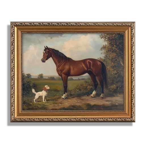 ASTRDECOR Gold Framed Retro Wall Art for Home Decor, Classic Horse & Dog Canvas Artwork, Vintage Western Canvas Prints, Rustic Farmhouse Wall Decor for Bathroom, Living Room, 9x12Inch - Image 1