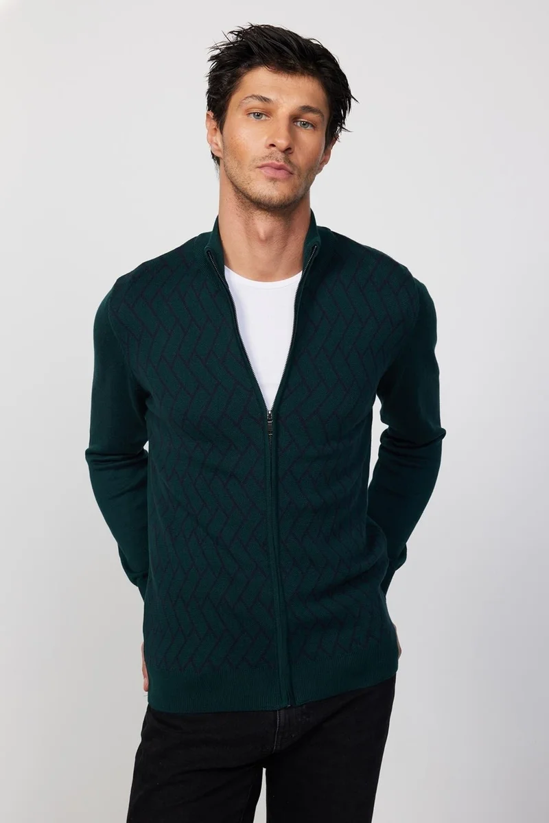 تودورس Slim Fit Slim Cut Half Turtleneck Zippered Front Patterned Green Men's Cardigan