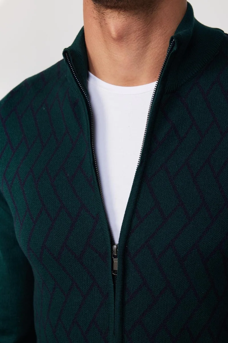 تودورس Slim Fit Slim Cut Half Turtleneck Zippered Front Patterned Green Men's Cardigan