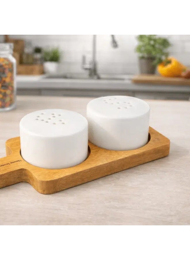 داني هوم طقم شيكر الملح والفلفل من داني هوم أكاسيا – أواني ملح وفلفل سيراميك مع صينية خشبية من الأكاسيا، طقم توابل عصري للطاولة (16.5 سم × 7 سم) - Image 3