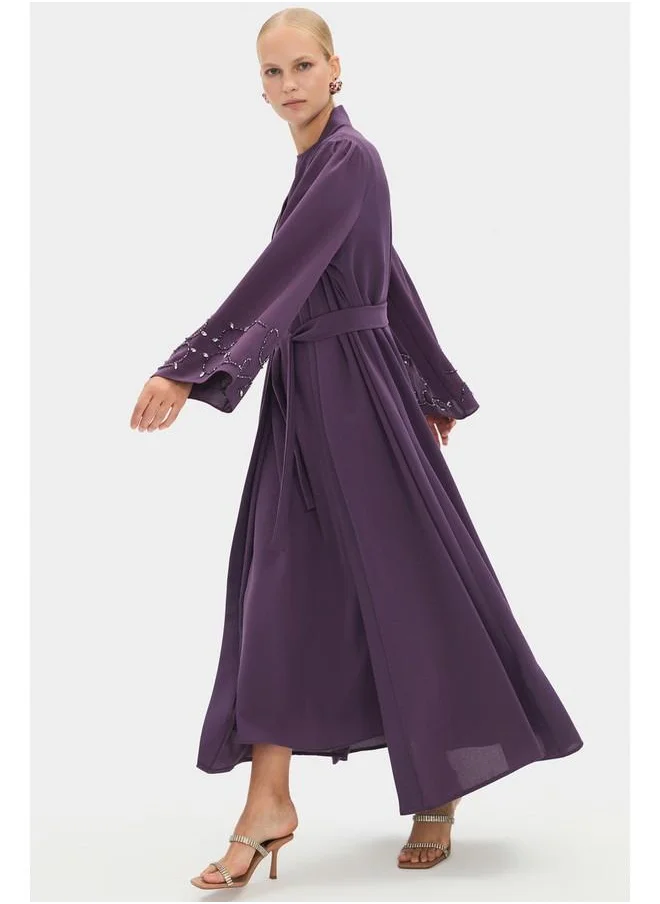 جون June Women Sleeve Embroidered and Waist Tie Detailed Abaya Plum