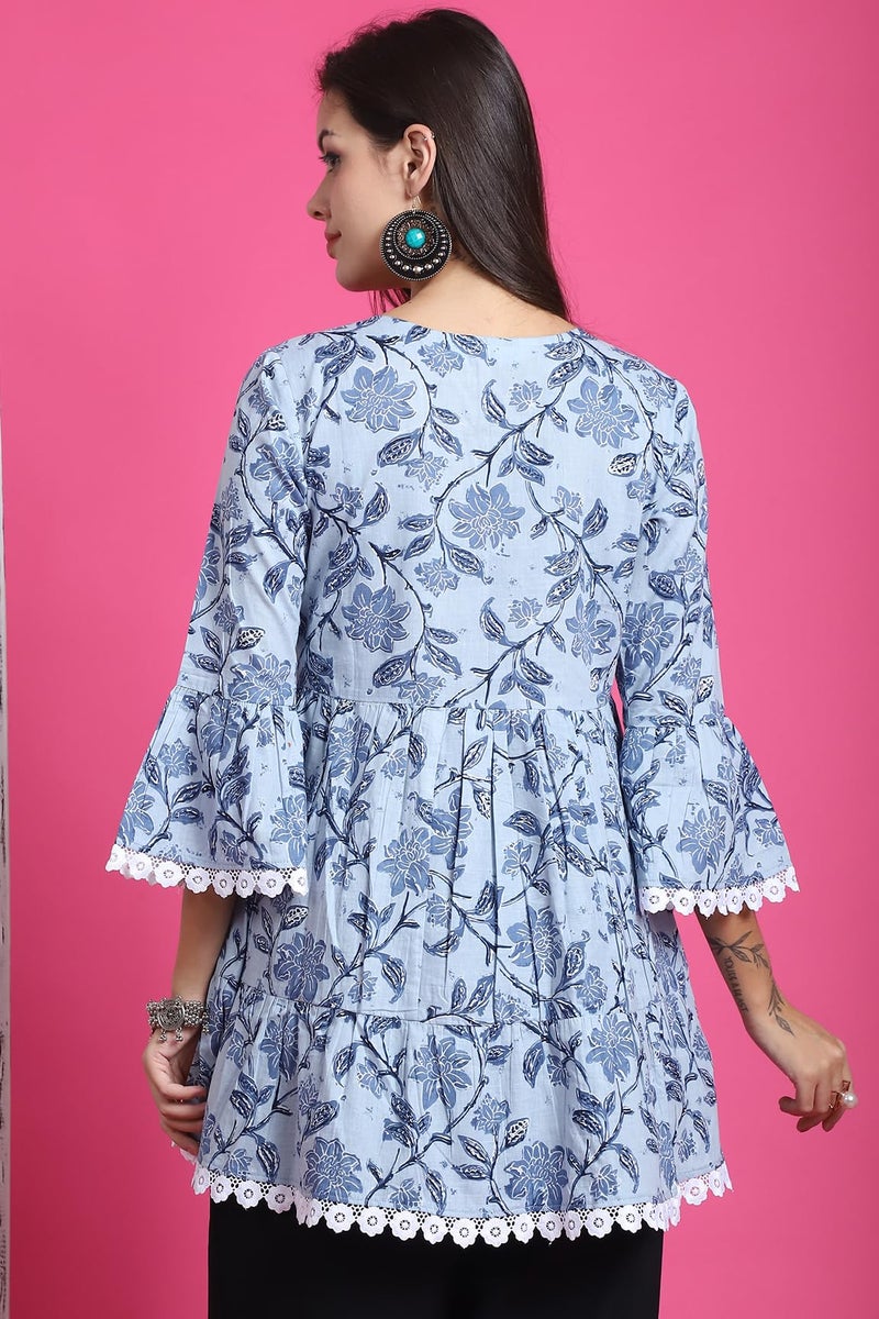 Rajnandini Women Pure Cotton Regular Fit Jaipuri Printed Tunic (JOPLJPR4025-3XL_Light Blue_3XL) - Image 2