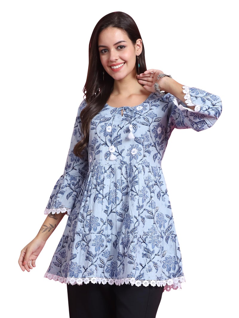 Rajnandini Women Pure Cotton Regular Fit Jaipuri Printed Tunic (JOPLJPR4025-3XL_Light Blue_3XL) - Image 1