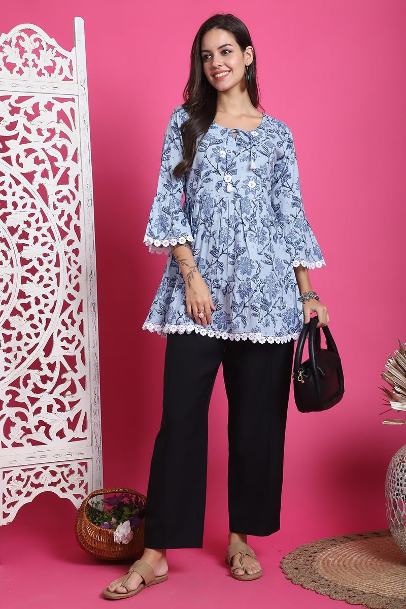 Rajnandini Women Pure Cotton Regular Fit Jaipuri Printed Tunic (JOPLJPR4025-3XL_Light Blue_3XL) - Image 4