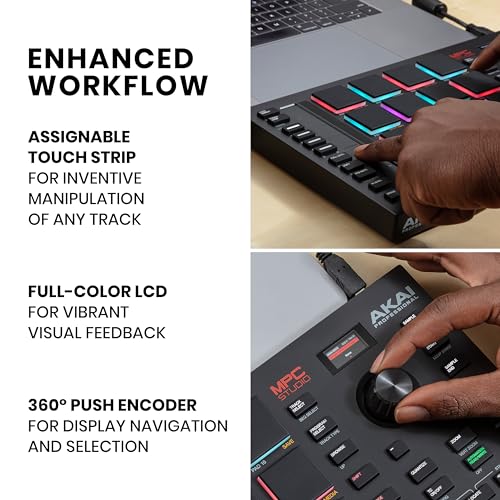 Akai Professional أكاي بروفيشينال MPC ستوديو وحدة تحكم MIDI صانع الإيقاع مع 16 لوحة RGB حساسة للسرعة، برنامج MPC 2 كامل، شريط لمس قابل للتخصيص وشاشة LCD، أسود، (MPCSTUDIO2) - Image 4