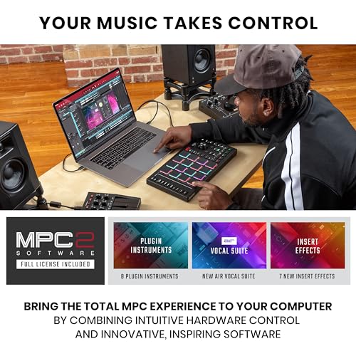 Akai Professional أكاي بروفيشينال MPC ستوديو وحدة تحكم MIDI صانع الإيقاع مع 16 لوحة RGB حساسة للسرعة، برنامج MPC 2 كامل، شريط لمس قابل للتخصيص وشاشة LCD، أسود، (MPCSTUDIO2) - Image 2