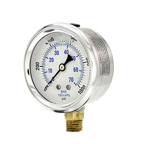 PIC Gauges PRO-201L-254M 0-1000 PSI Pressure Gauge, 2 1/2" Dial, 1/4" Male NPT Connection, Bottom Mount, Dual Scale, Glycerin Filled, Stainless Steel Case/Bezel, Brass Internals & Plastic Lens - Image 1