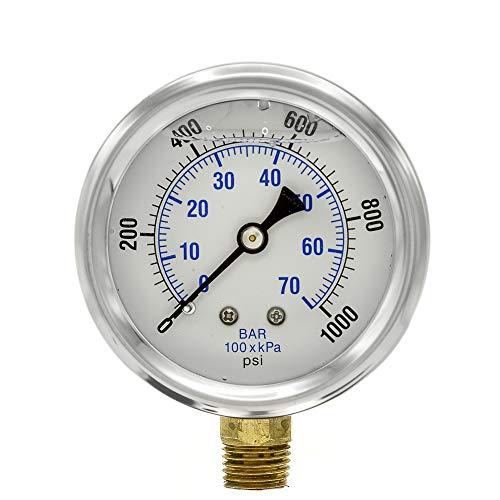 PIC Gauges PRO-201L-254M 0-1000 PSI Pressure Gauge, 2 1/2" Dial, 1/4" Male NPT Connection, Bottom Mount, Dual Scale, Glycerin Filled, Stainless Steel Case/Bezel, Brass Internals & Plastic Lens - Image 2