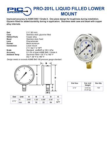 PIC Gauges PRO-201L-254M 0-1000 PSI Pressure Gauge, 2 1/2" Dial, 1/4" Male NPT Connection, Bottom Mount, Dual Scale, Glycerin Filled, Stainless Steel Case/Bezel, Brass Internals & Plastic Lens - Image 5