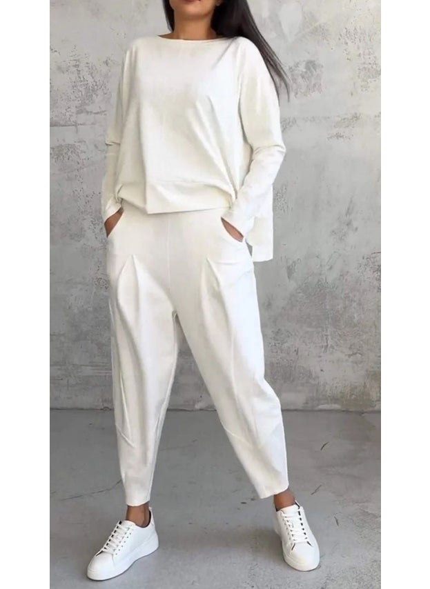 2024 Casual Solid Color Womens Tracksuit Set White