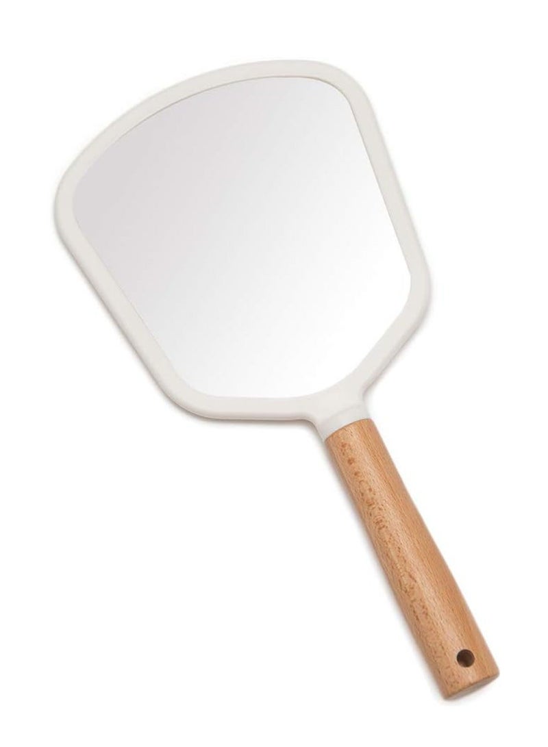 Hand Held Mirror with Handle for Makeup, Small Cute Wood Hand Mirror for Shaving with Hole, Hanging Single-Sided Portable Travel Vanity Mirror for Men&Women, Fanshape, 1 Pcs - Image 1
