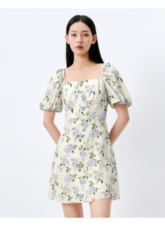 Waxbird Summer Fashion Theme Waist-cinching Square Neck Puff Sleeve Dress Women - Image 1