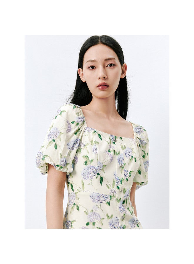Waxbird Summer Fashion Theme Waist-cinching Square Neck Puff Sleeve Dress Women - Image 5