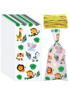 Chinco 100 Pcs Jungle Animal Party Favors Bags Safari Animal Plastic Goody Treat Bags Safari Jungle Cellophane Gift Bags With Ribbons For Baby Shower Favors Jungle Theme Party Supplies For Birthday Party  - Image 1