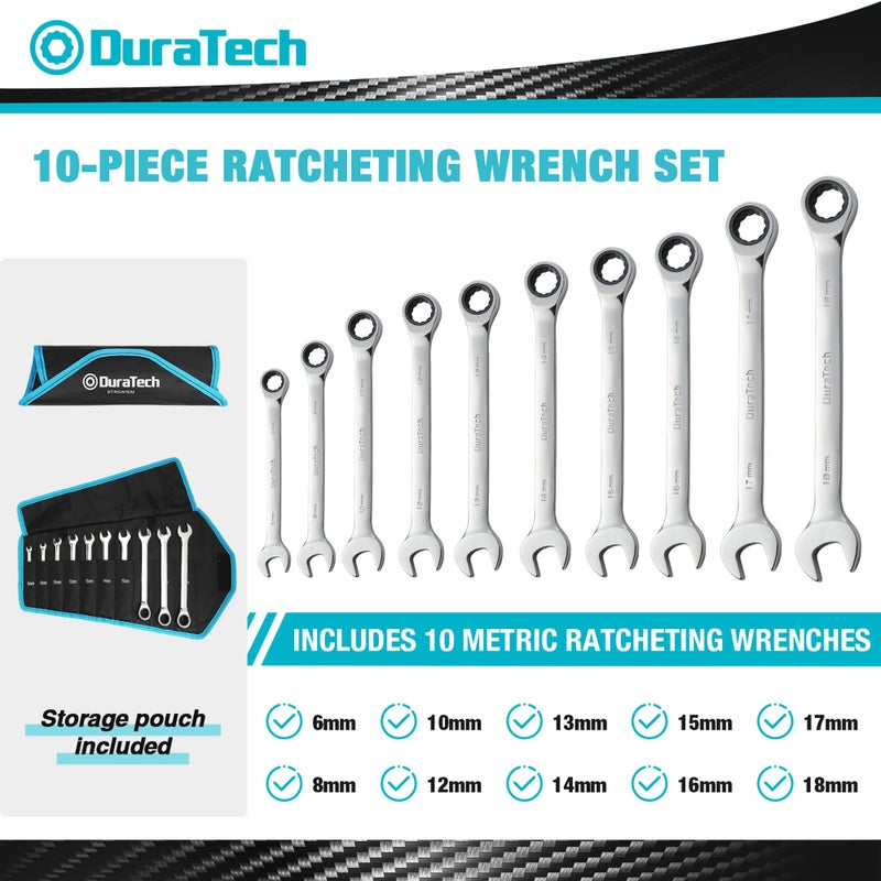 DURATECH مجموعة مفاتيح ربط دوراتيك 10 قطع، مجموعة مفاتيح ربط ذات رأس ثابت مفتوح مع حقيبة رول، مقياس متري، 6-18 مم، 12 نقطة، فولاذ CR-V - Image 2
