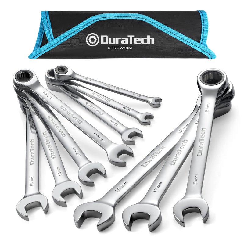 DURATECH مجموعة مفاتيح ربط دوراتيك 10 قطع، مجموعة مفاتيح ربط ذات رأس ثابت مفتوح مع حقيبة رول، مقياس متري، 6-18 مم، 12 نقطة، فولاذ CR-V - Image 1