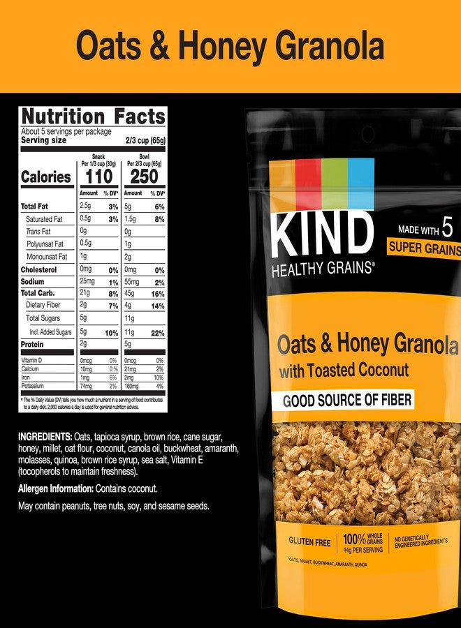 KIND Healthy Grains Granola, Oats & Honey Clusters with Toasted Coconut, Healthy Snacks, Gluten Free, 100% Whole Grains, 5g Protein, 11oz, 3 Count - Image 2