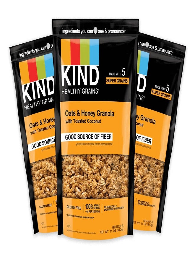 KIND Healthy Grains Granola, Oats & Honey Clusters with Toasted Coconut, Healthy Snacks, Gluten Free, 100% Whole Grains, 5g Protein, 11oz, 3 Count - Image 1