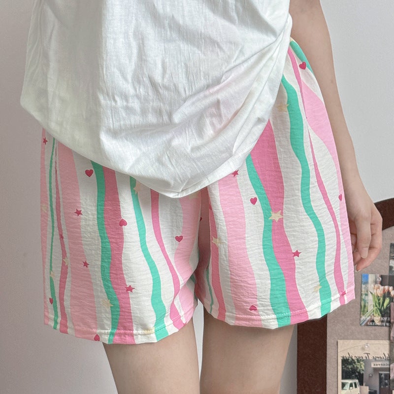 Cute Kitty Cat Summer Pajama Pants Women High-Waist Lounge Shorts-rainbow strips (cloud cotton fabric) 