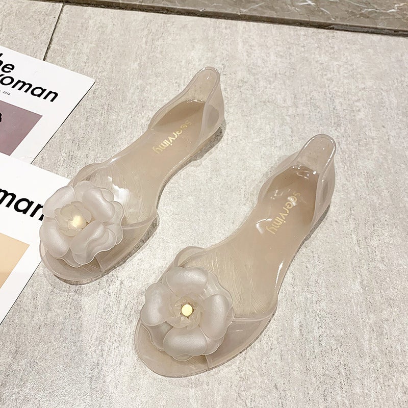 Flower Sandals Women'S Summer Fish Mouth Flat Beach Shoes Seaside Thailand Internet Celebrity Anti-Slip Crystal Pvc Transparent Jelly Shoes - Image 1