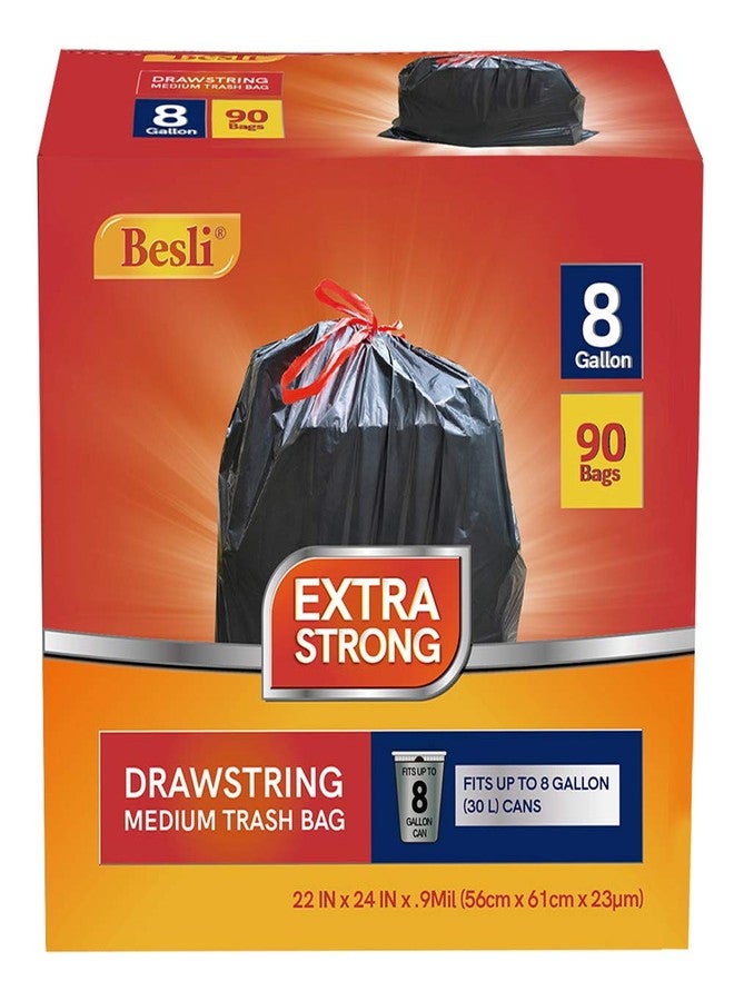 Besli 8 Gallon Black Drawstring Trash Bag Garbage Bag Trash Can Liner,0.9 Mil,90 Counts - Image 1
