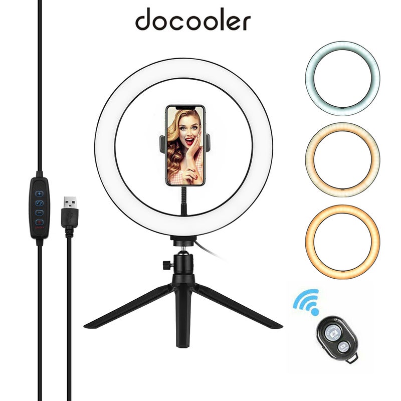 docooler 10" 3 Lighting Modes LED Ring Light Kit Black/White - Image 1