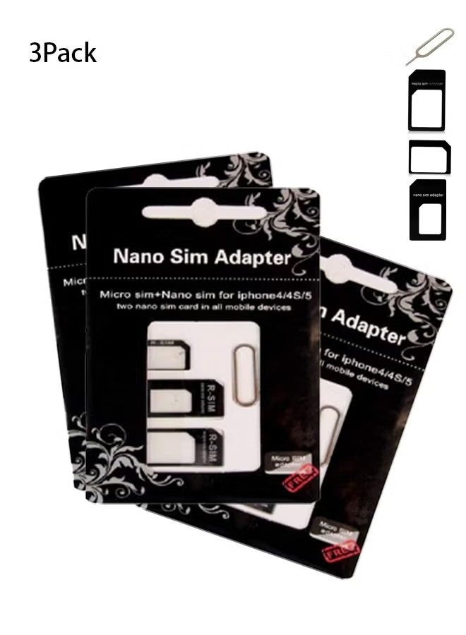 3Pack Sim Card Adapter Nano Micro - Standard 4 in 1 Converter Kit with Steel Tray Eject Pin - Image 1