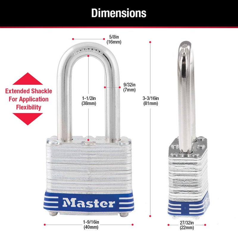 Master Lock 3DLF Long Shackle Padlock, w/ 1-1/2 Inch. Shackle, Steel - Image 3