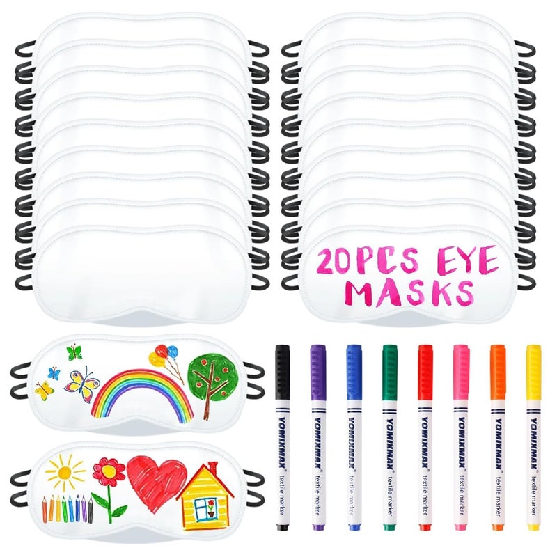 20 PCS Eye Mask Sleepover Party Supplies Slumber Party Favors for Girls Pajama Party Decorations Sleep White Soft Shade Blindfold Eye Covering Color the Bulk Game Stuff with 8 PCS Fabric Marker Pens