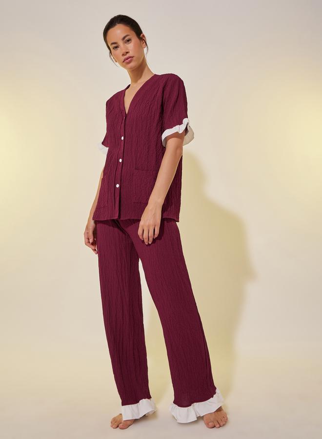 Take Two Take Two Textured V-Neck Buttoned Shirt and Pyjama Set  - Image 1