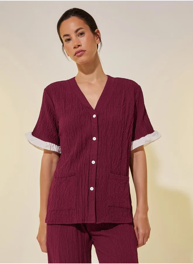 Take Two Take Two Textured V-Neck Buttoned Shirt and Pyjama Set