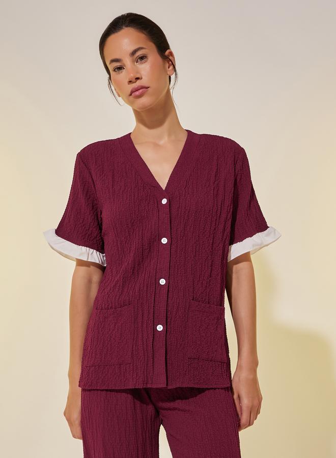 Take Two Take Two Textured V-Neck Buttoned Shirt and Pyjama Set  - Image 2