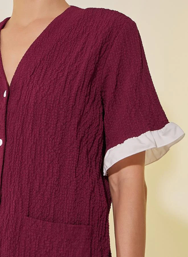 Take Two Take Two Textured V-Neck Buttoned Shirt and Pyjama Set