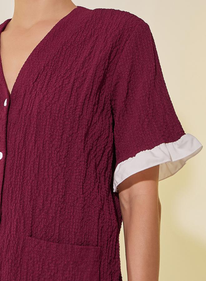 Take Two Take Two Textured V-Neck Buttoned Shirt and Pyjama Set  - Image 3