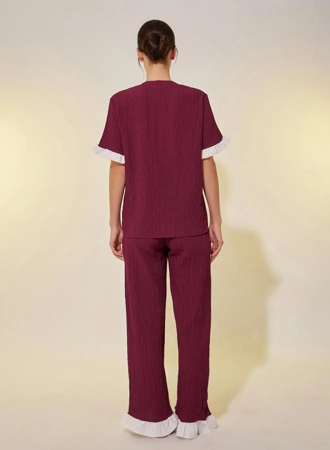 Take Two Take Two Textured V-Neck Buttoned Shirt and Pyjama Set
