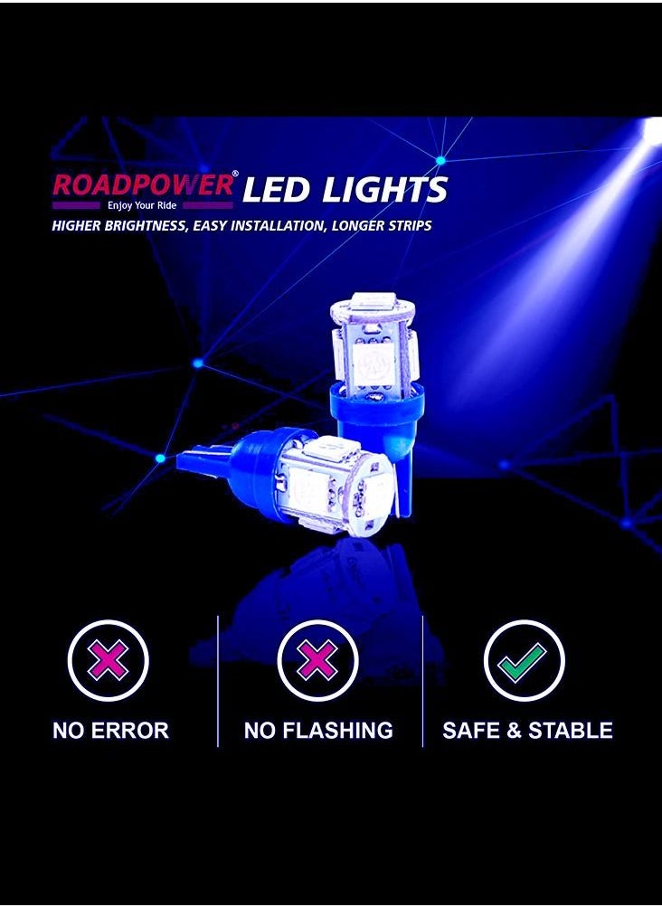 RoadPower - T10 LED Bulb, 8000K T10 LED Bulb, 6000K Bright Blue Color, Universal Fit Used for Car Interior, Dome Light, License Plate Light, Parking Light, RP-DIM10-5SMD-BL, (Pack of 10 Pcs) - Image 1