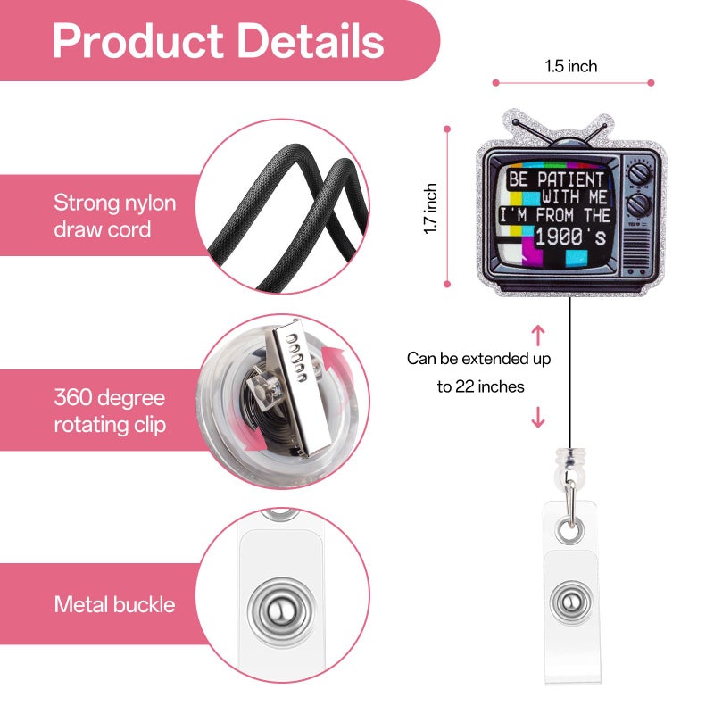 Kimoli Funny Nurse Badge Reel Cute Nursing TV Badge Reel Retractable Be Patient with Me I'm from The 1900's Id Card Holder with Clip for Doctor Medical Worker Healthcare Nurse Gifts - Image 2