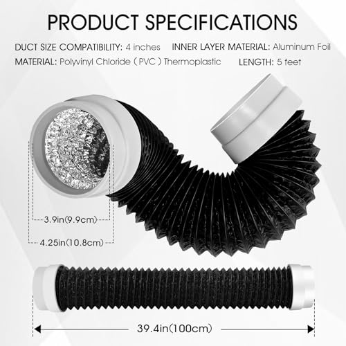 Quadafy 4 Inch Dryer Vent Hose, Heavy Duty Flexible Dryer Exhaust Duct Tube 3.28Feet for Tight Space, Extra Thick Aluminum foil Ducting Kit with 2 Hose Clamps - Image 2