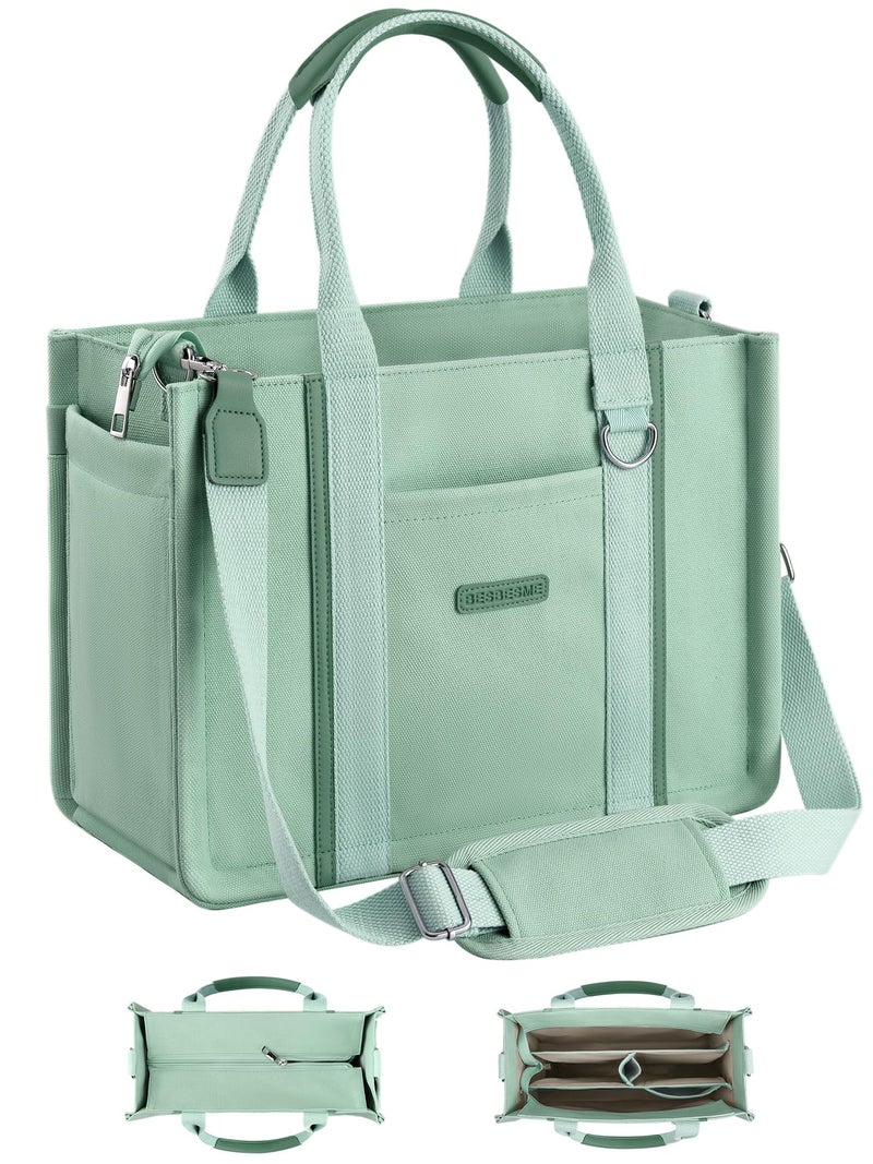 BESBESME Canvas Tote Bag for Women with Zipper & Compartments â€“ Large Multi-Pocket Work Laptop College Tote Purse, Crossbody Shoulder Bag for Teacher, Nurse, Bible Study, Travel Light Green M - Image 1