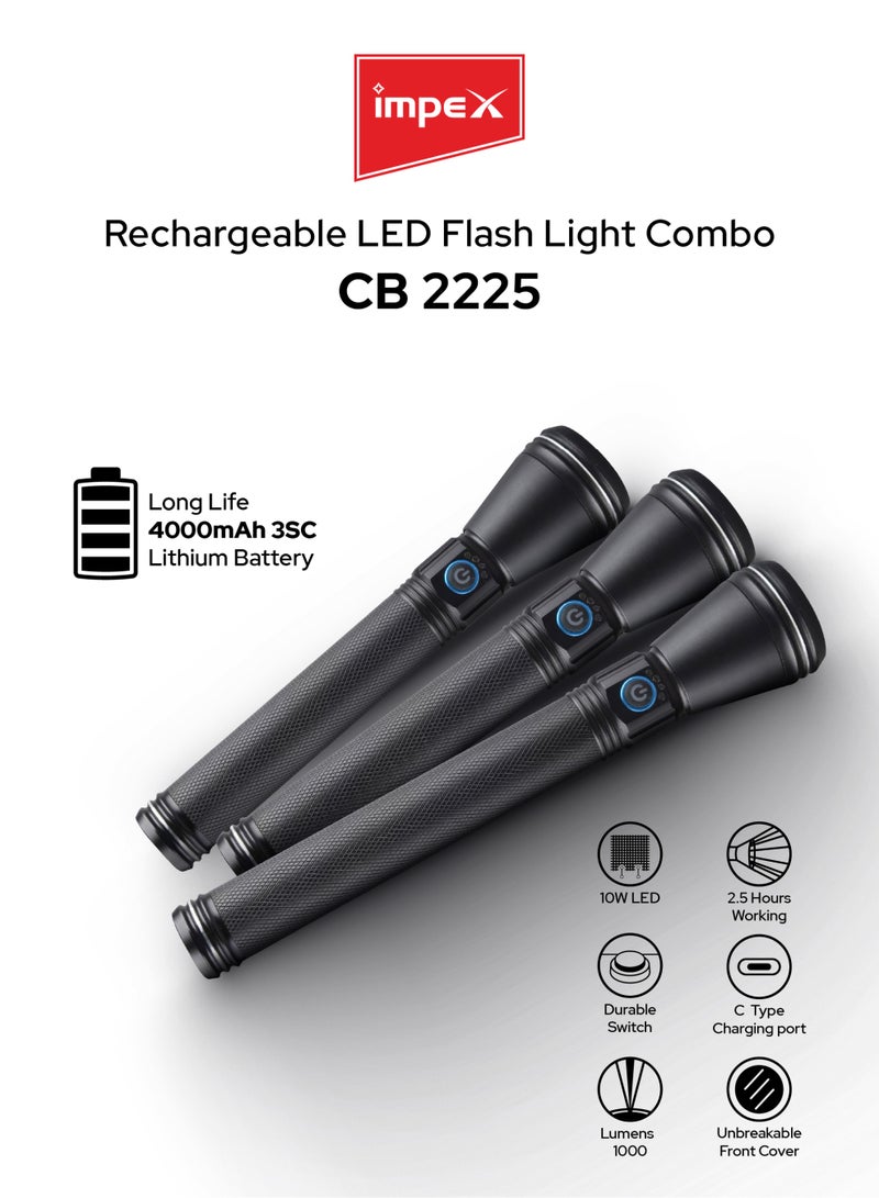Impex Rechargeable LED Flashlight 3 Pcs Combo | 1000 Lumens Brightness | 10W Laser LED | Zoom & Multi Modes | 4000mAh Long Battery Life | Fast Type-C Charging | Smart 4-LED Indicator | Durable Aircraft-Grade Aluminium | Reliable & Portable | 2 Year Warranty | CB 2225 Black - Image 1
