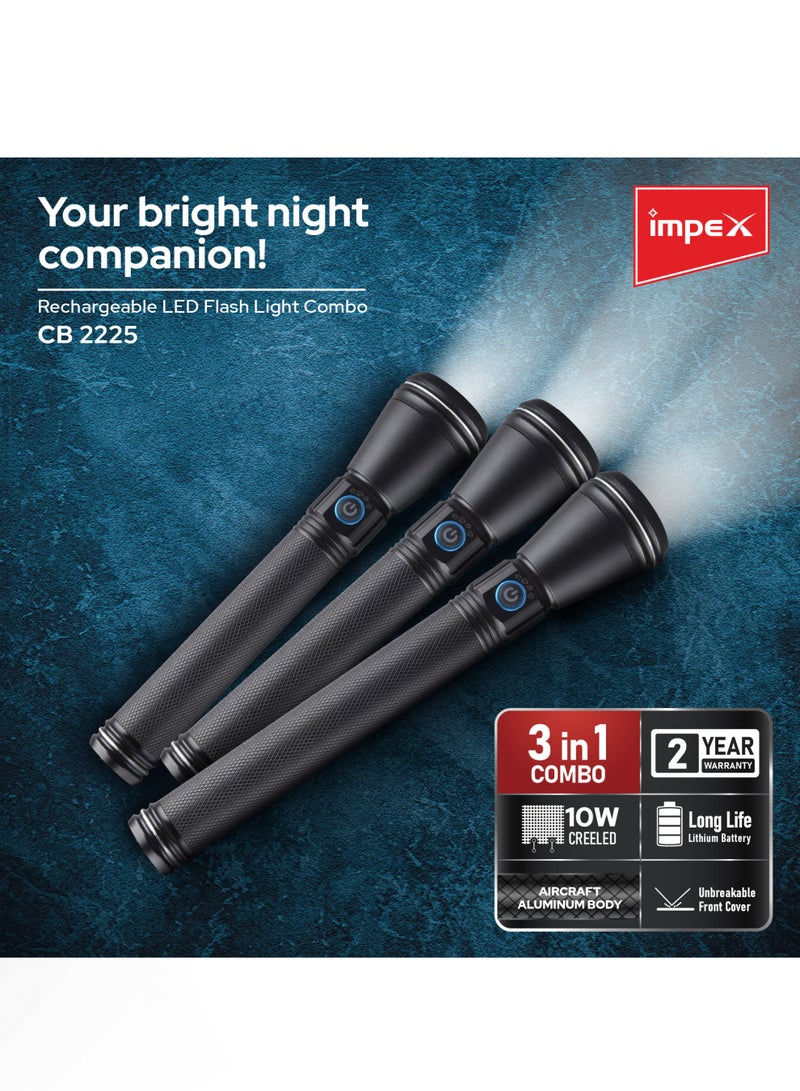 Impex Rechargeable LED Flashlight 3 Pcs Combo | 1000 Lumens Brightness | 10W Laser LED | Zoom & Multi Modes | 4000mAh Long Battery Life | Fast Type-C Charging | Smart 4-LED Indicator | Durable Aircraft-Grade Aluminium | Reliable & Portable | 2 Year Warranty | CB 2225 Black - Image 2