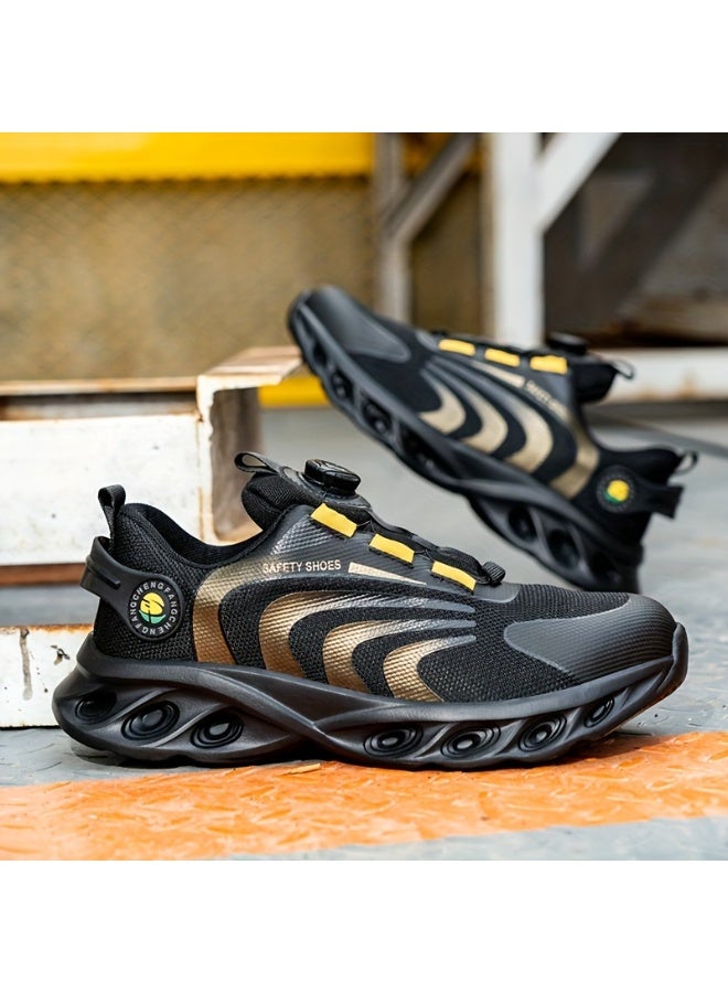 CFFHS Unisex Summer Safety Shoes with Steel Toe & Kevlar Midsole, Anti-Puncture Work Trainers, Black & Gold - Image 1